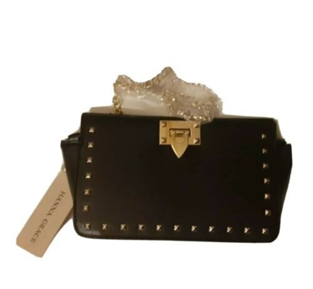 HANNA GRACE Stylish Black Crossbody Purse W/ Gold Metal Studs, Brand New